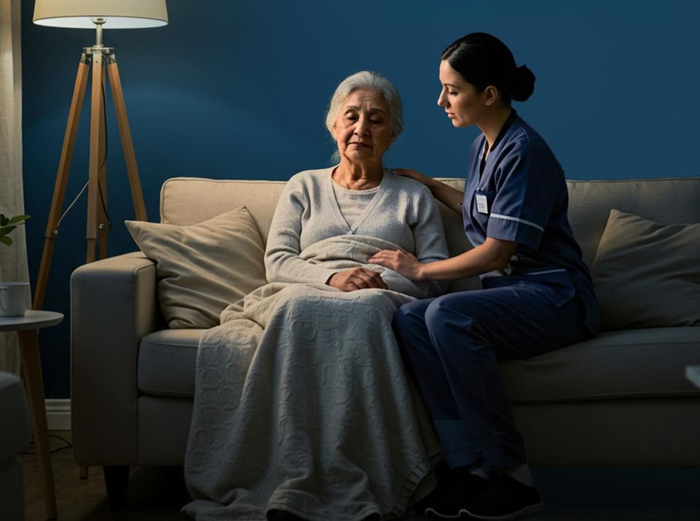 A Top Care nurse sitting with an elderly client at home