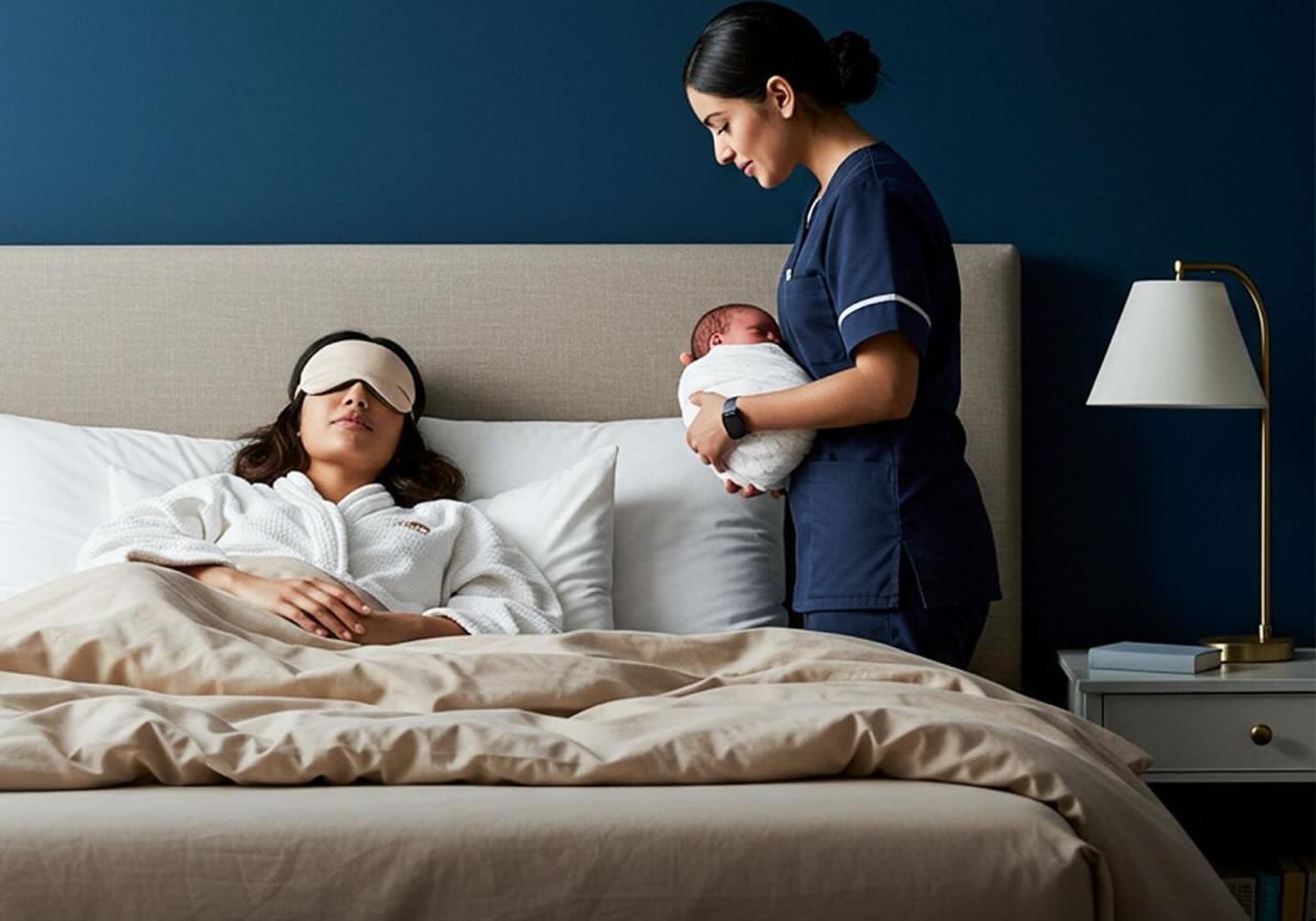 A Top Care nurse settling a newborn so the mother can rest